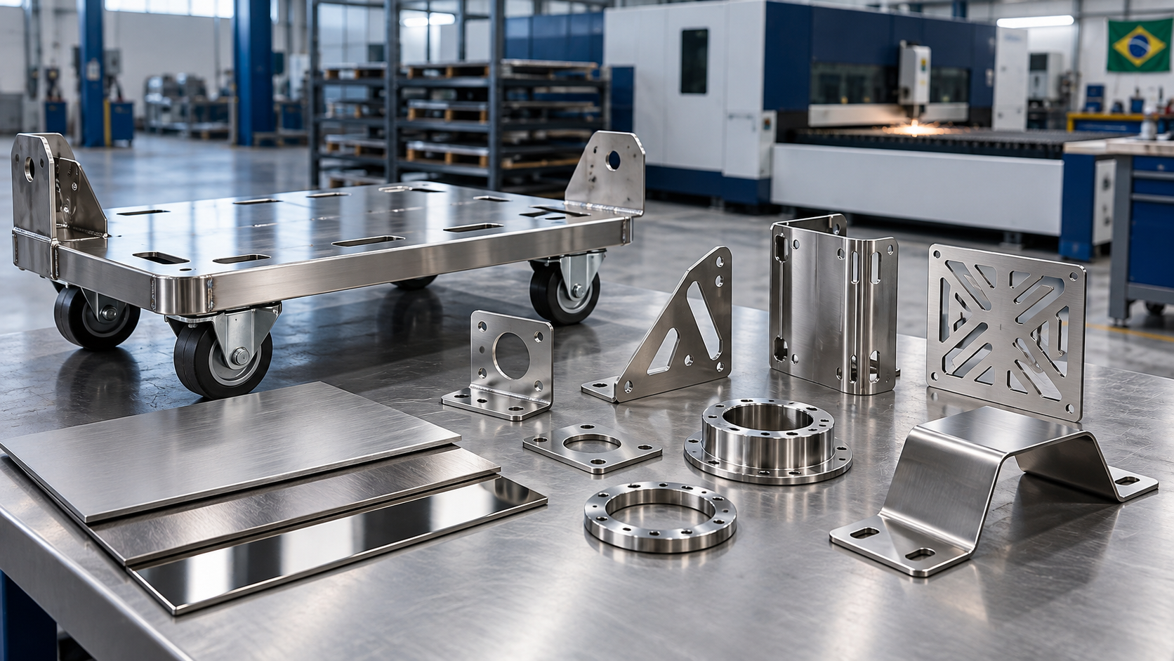 Carrinho, chapas e componentes fabricados em aço inox