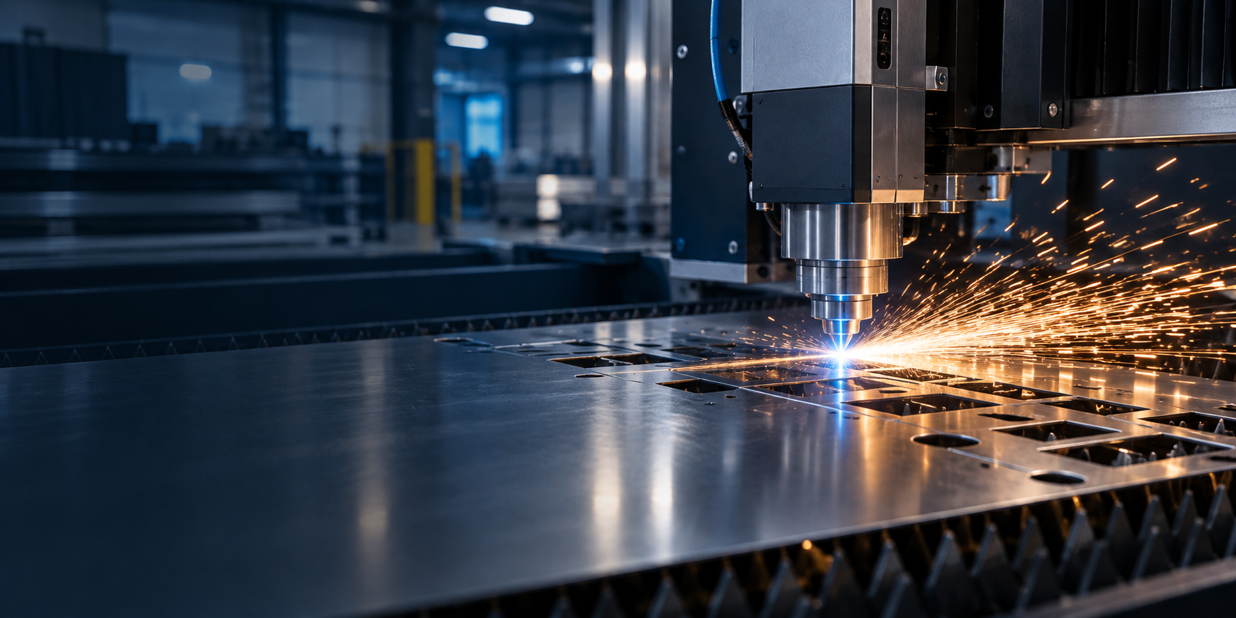 Máquina executando corte a laser de precisão em chapa de aço inox